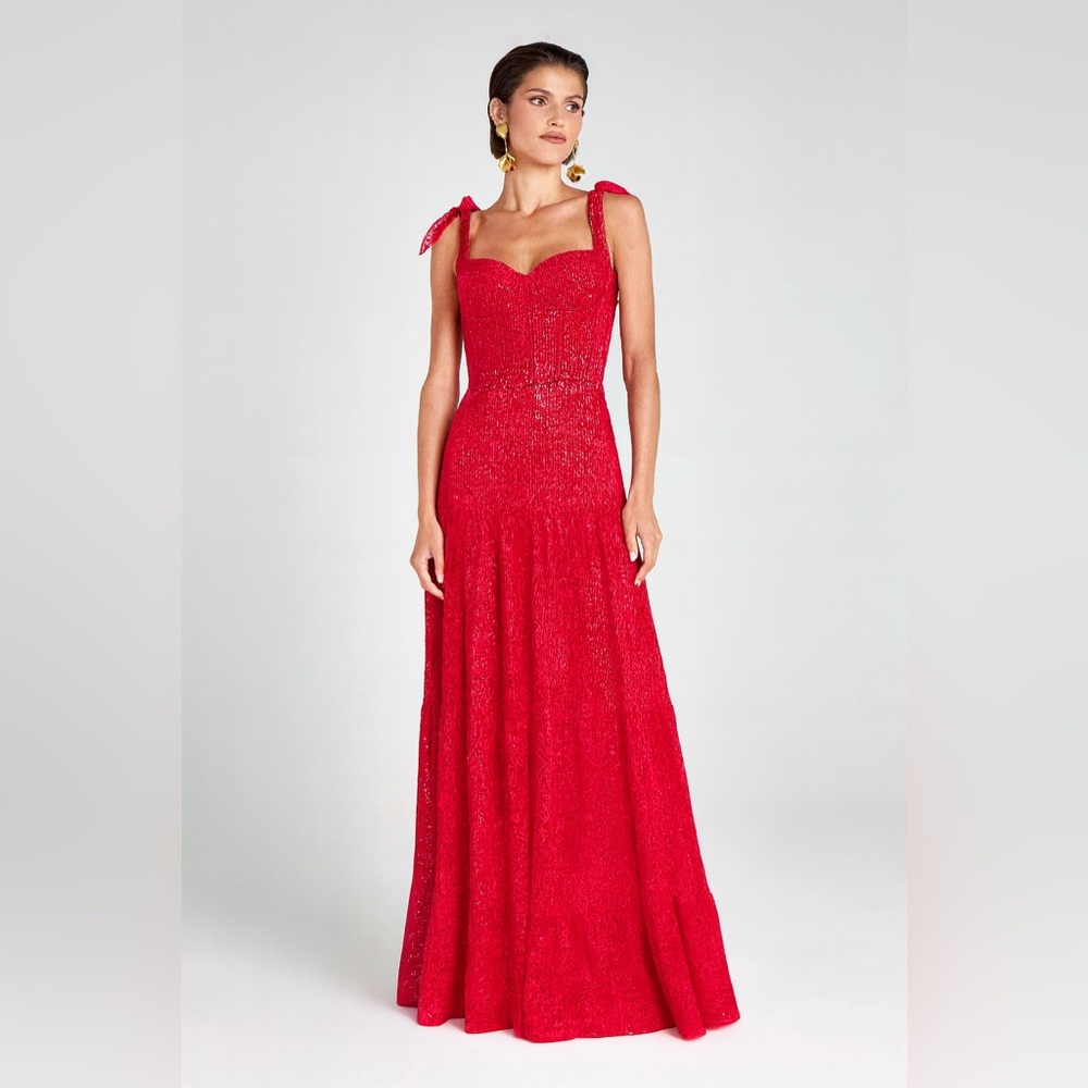 NADINE MERABI Vibrant Red Sparkle Maxi Gown with Tie Straps